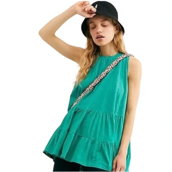 Free People Right On Time Vibrant Green Tiered Tunic Top Womens Small - Picture 1 of 15